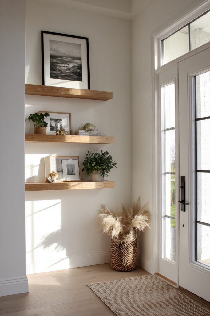 Neutral entryway decorated with three light wood floating shelves, minimalist artwork, greenery, and a woven basket filled with pampas grass beside a modern glass door.