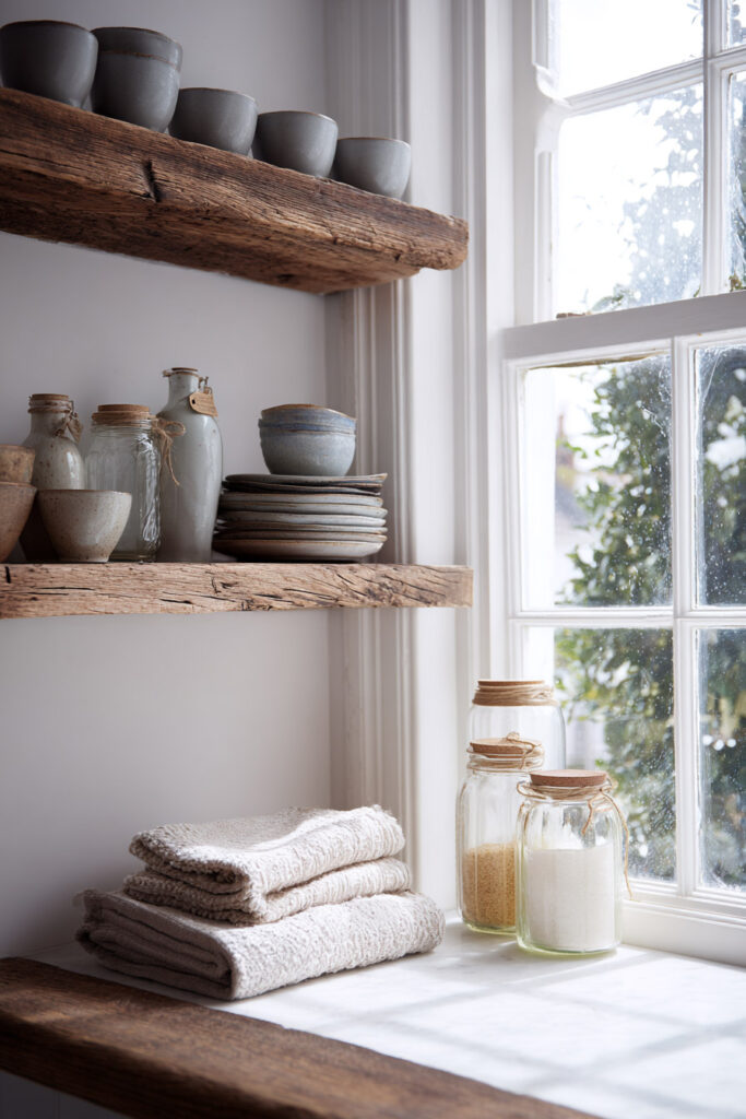 Neutral kitchen with rustic reclaimed wood open shelves, stacked ceramic bowls, glass jars with pantry staples, and folded linen towels by a bright window.
