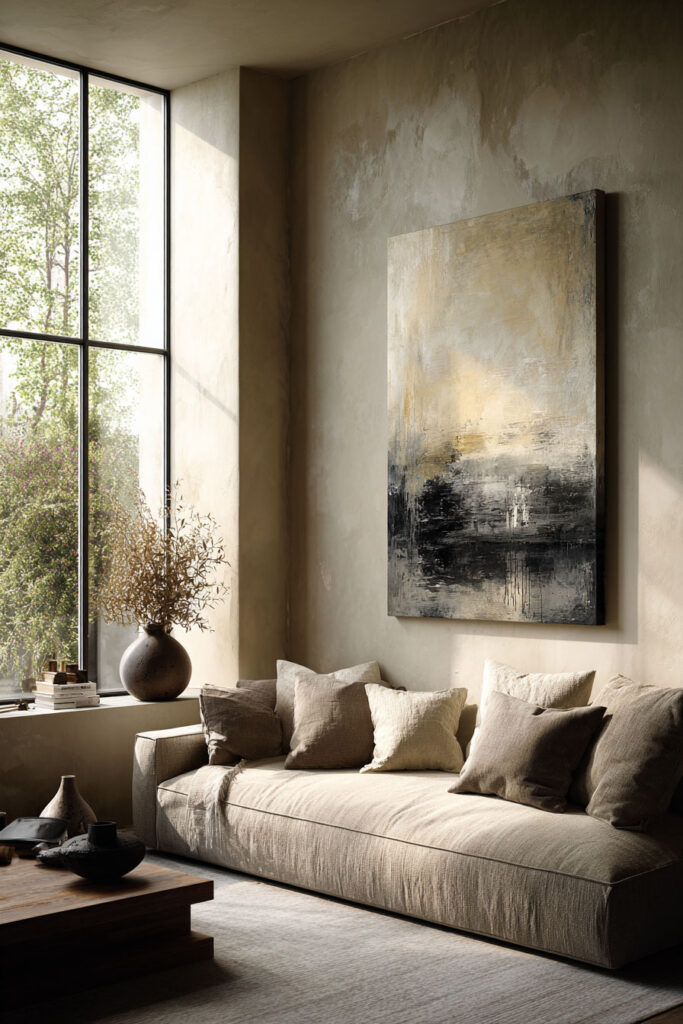 Neutral living room with a tall abstract painting in black and beige tones, a taupe linen sofa layered with textured pillows, a dark ceramic vase on the windowsill, and soft natural light highlighting the earthy decor.