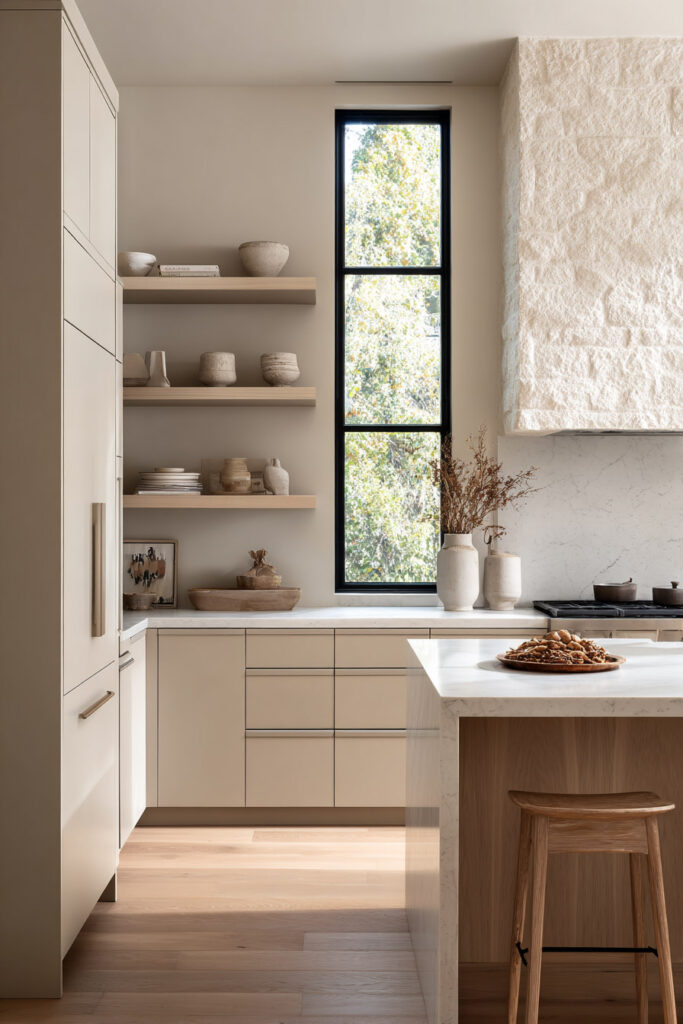 A bright neutral minimalist kitchen with pale wood cabinets, natural stone countertops, open wood shelves styled with ceramics, a tall black-trim window, and a textured stone range hood.