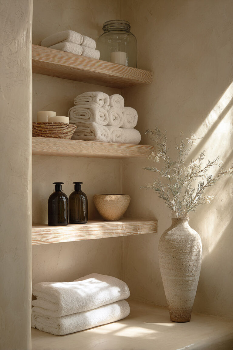 Neutral-toned open shelves styled with neatly rolled white towels, dark glass bottles, ceramic bowls, a large glass jar with a candle, and a tall textured vase with delicate branches.