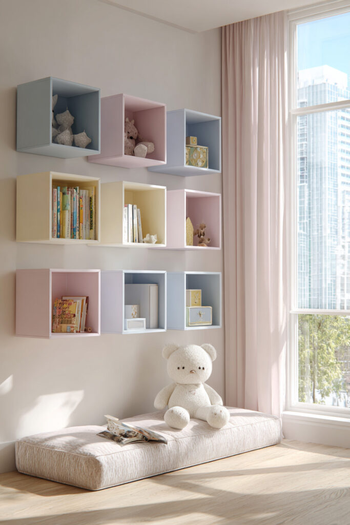 Wall-mounted pastel cube shelves in a kids’ room styled with books, plush toys, and keepsake boxes, creating a soft and modern display by a large window.