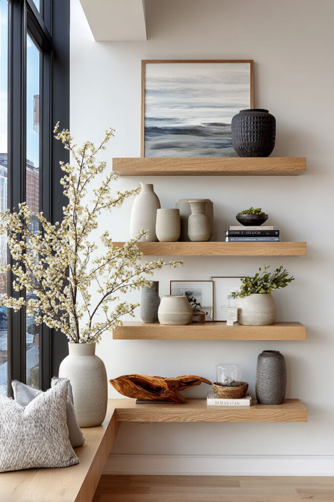Light wood floating shelves styled with neutral ceramic vases, framed abstract ocean art, stacked books, and fresh greenery. Natural light from large black-framed windows highlights the clean Scandinavian design and calming earthy textures.