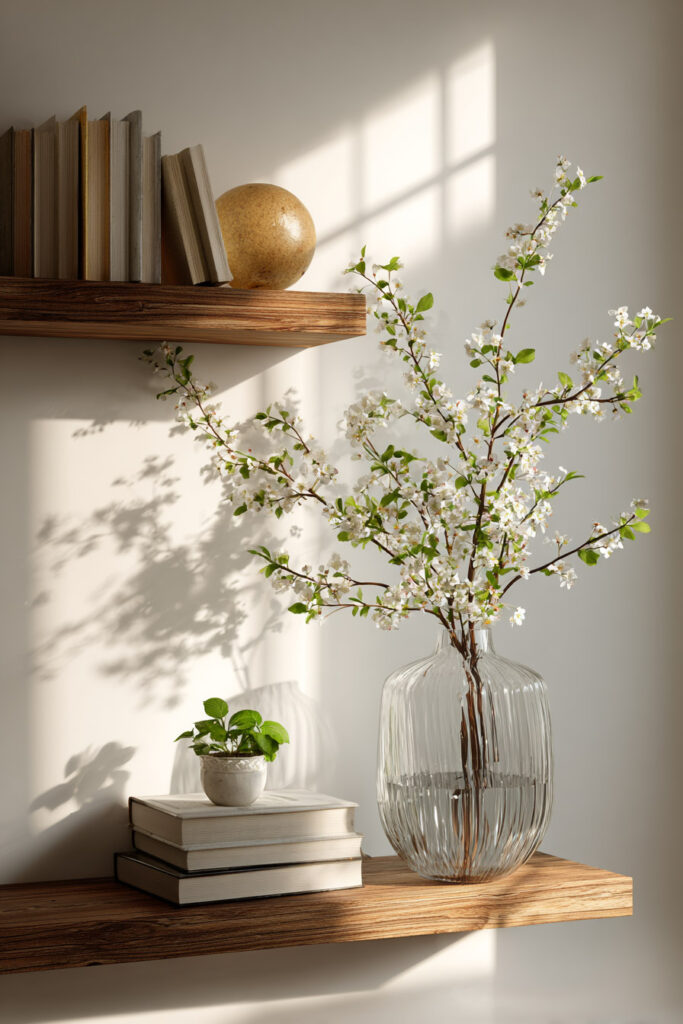 Minimalist wood shelves styled with stacked books, a glass vase of white blossoming branches, and a small potted plant in soft natural sunlight.