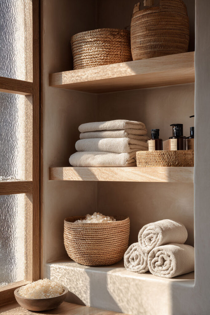 Open bathroom shelving with stacked beige towels, woven baskets, apothecary bottles, and bath salts in warm natural light beside a textured privacy window.