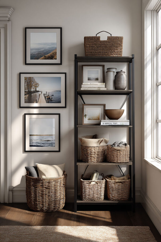 Black metal and wood shelving styled with woven baskets, neutral pillows, stacked books, ceramic vases, and framed artwork, next to a gallery wall of nature photography.