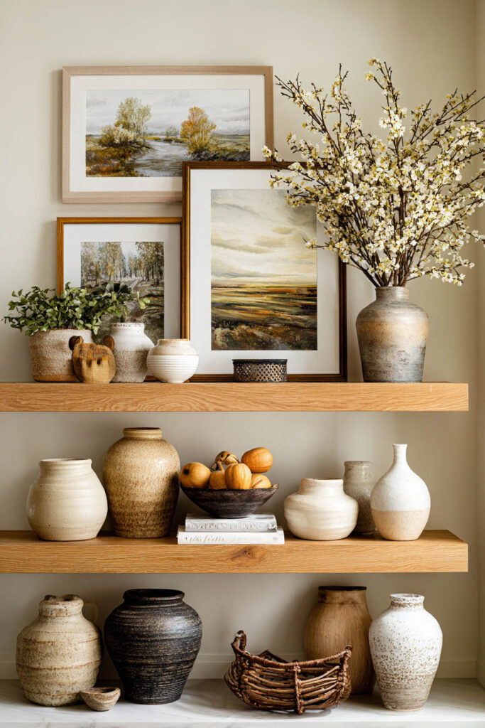 Floating wood shelves styled with earth-toned pottery, framed vintage-style landscape art, a bowl of gourds, and branches in a ceramic vase. Warm neutral colors and natural textures are highlighted by soft natural light, creating a cozy and collected shelf display.