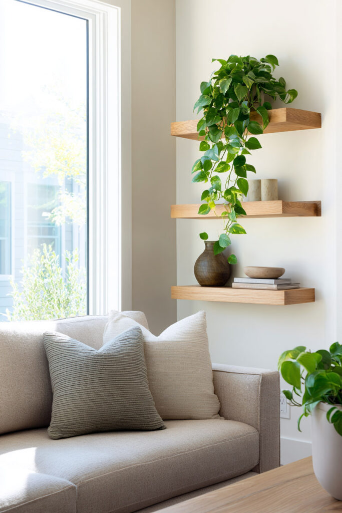 Light wood floating shelves styled with a trailing pothos plant, ceramic vases, and neutral-toned books above a soft beige sofa in a minimalist living room.