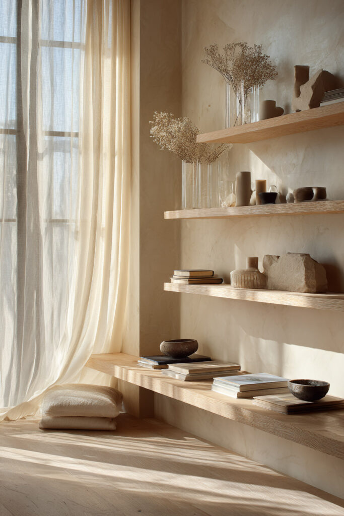 Neutral-toned room with light wood floating shelves styled with dried florals, ceramic pieces, stacked books, and organic textures in soft morning light.