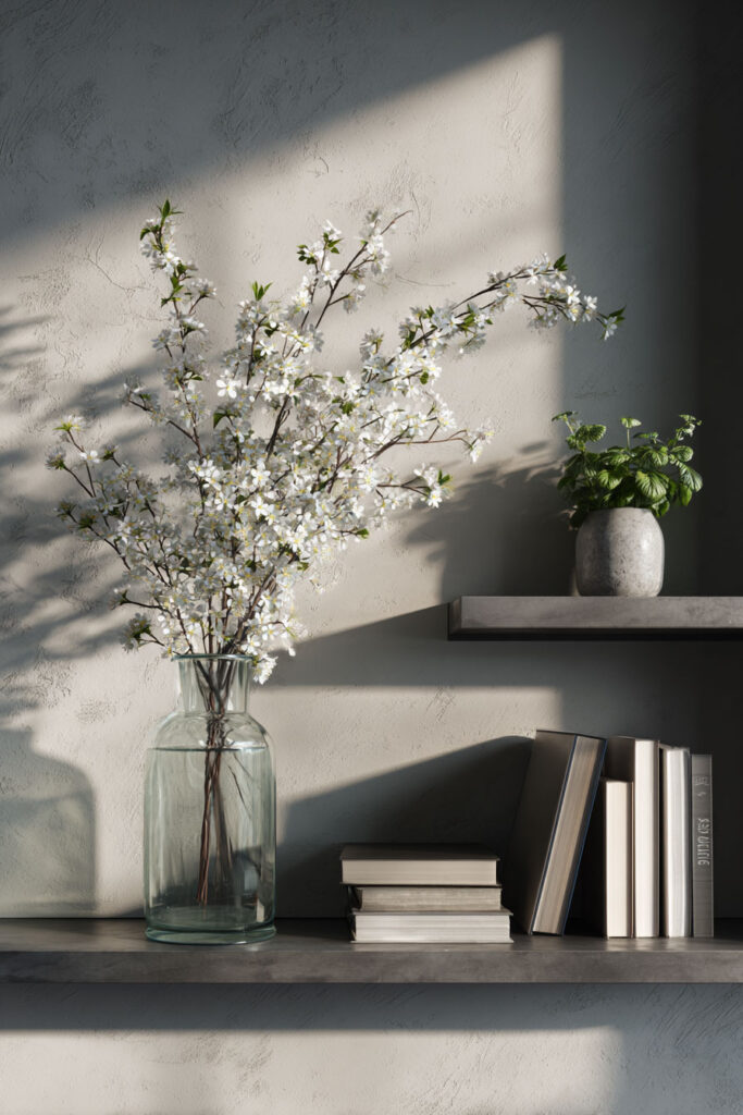 Minimalist dark shelf featuring stacked neutral books, a large clear glass vase with white blossoming branches, and a small green potted plant in soft natural light.