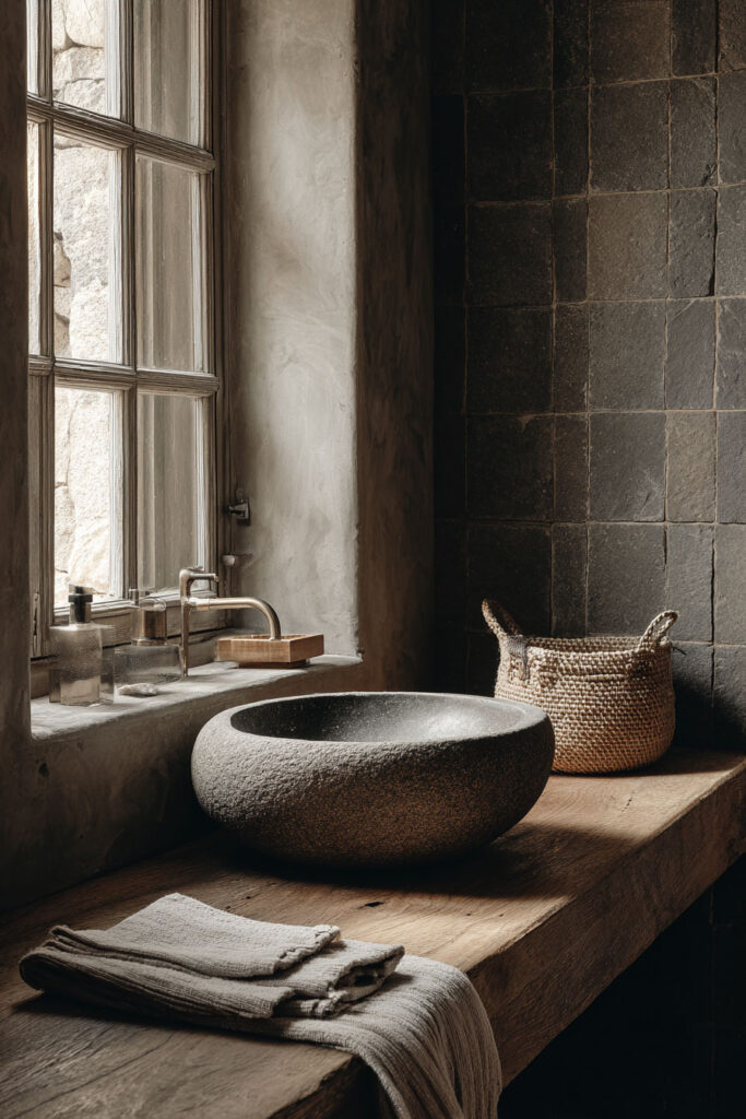 Rustic bathroom featuring a black textured stone vessel sink on a reclaimed wood countertop, with linen towels, a woven basket, and a large window bringing in natural light.