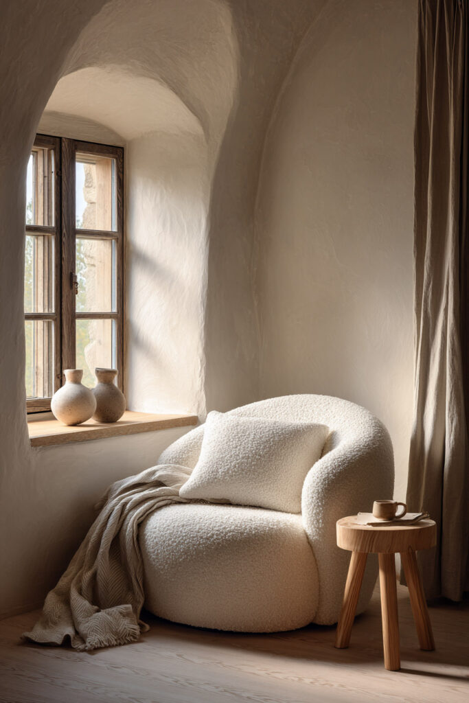 A neutral reading nook with a rounded white bouclé chair, soft beige throw, rustic wood side table, and textured plaster walls, styled with ceramic vases by the window.