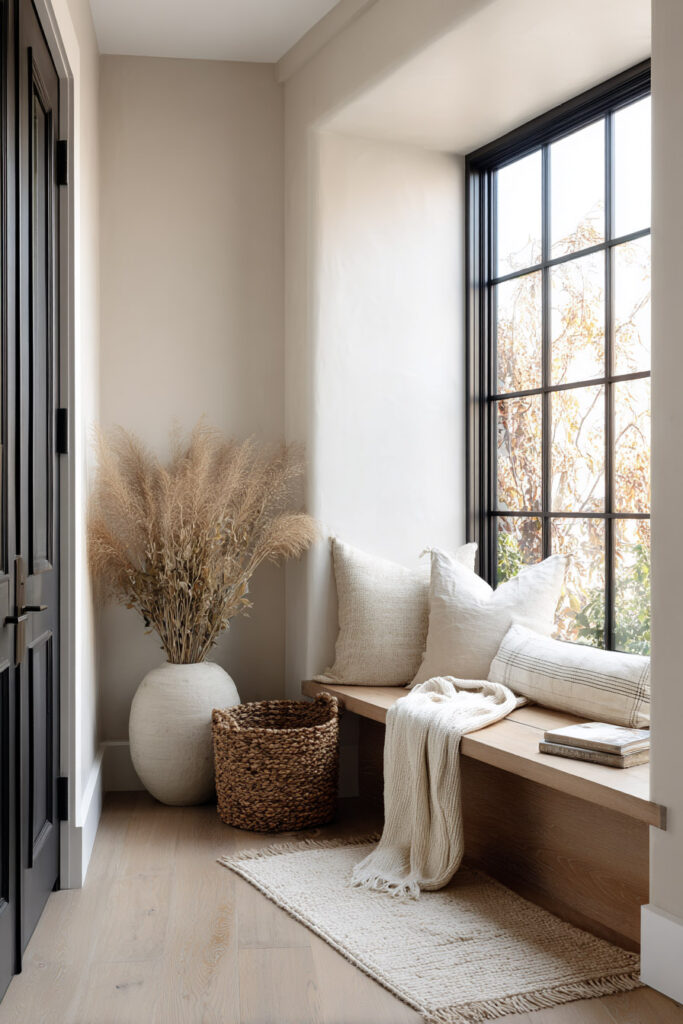 A bright neutral entryway featuring a wooden bench with textured pillows, a white knit throw blanket, a woven basket, and a large ceramic vase of pampas grass beside a black grid window.