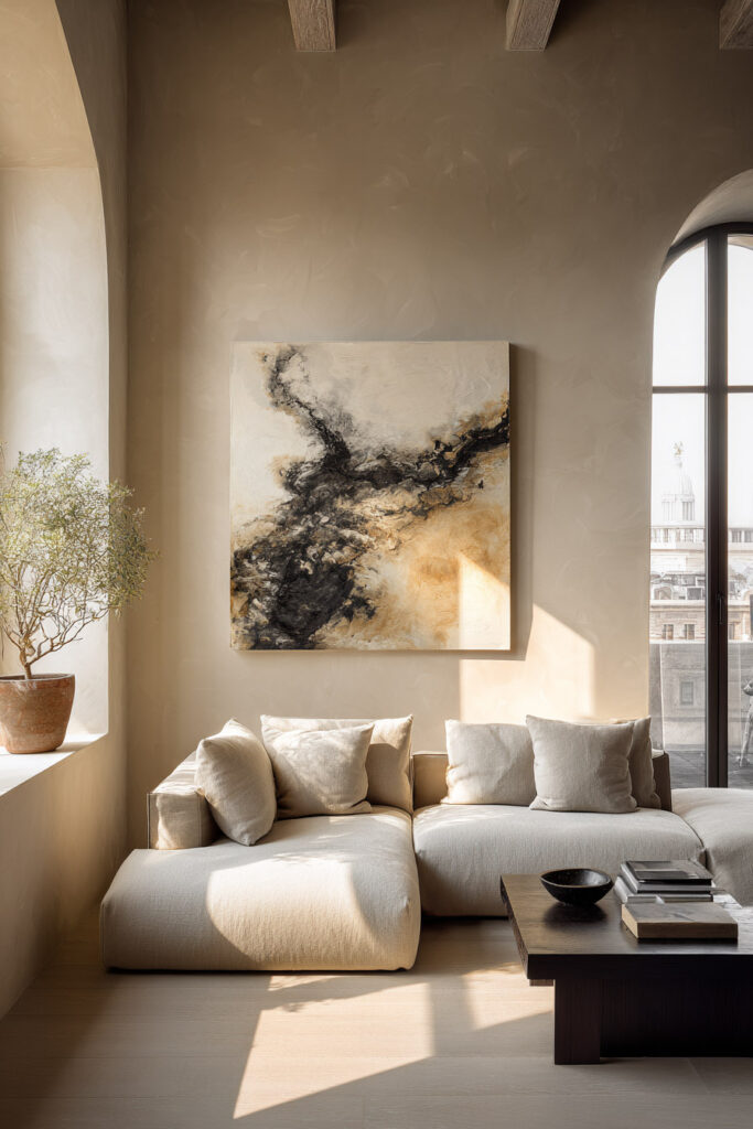 Neutral living room with a soft beige modular sofa, a dramatic abstract painting in black and tan tones, an olive tree in a terracotta pot, and natural light streaming through tall arched windows.