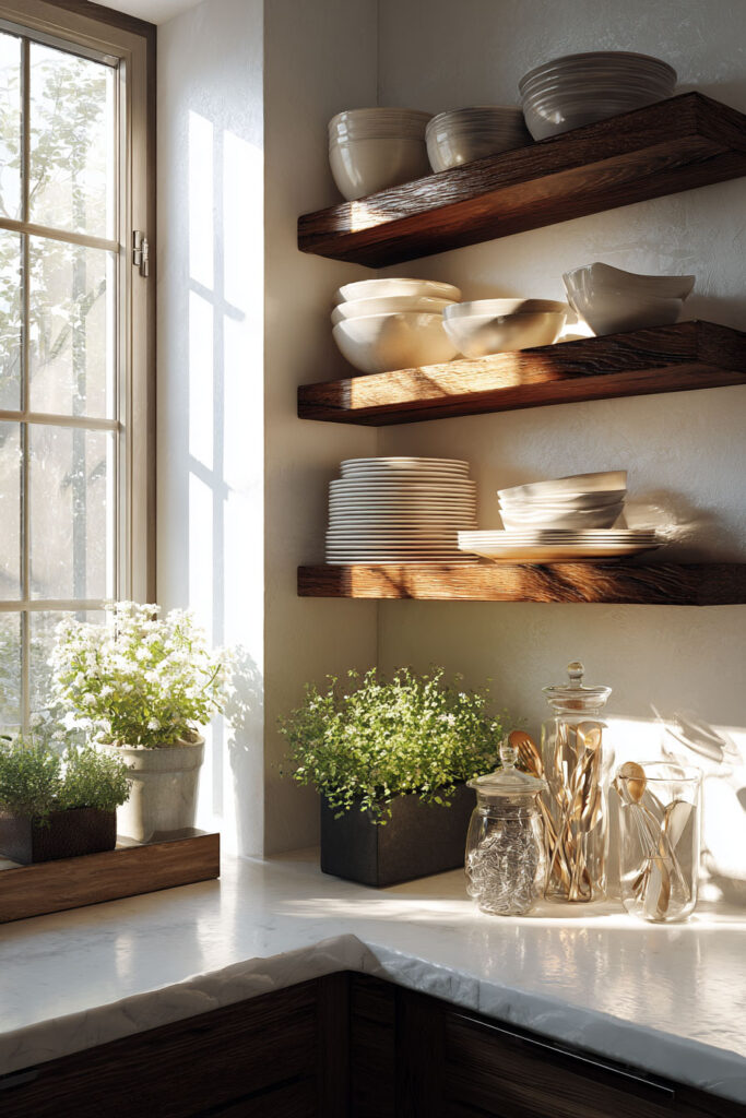 Kitchen corner with thick wooden floating shelves holding stacked white ceramic dishes and bowls, surrounded by fresh herbs, marble countertops, and jars of utensils, all bathed in soft natural light.