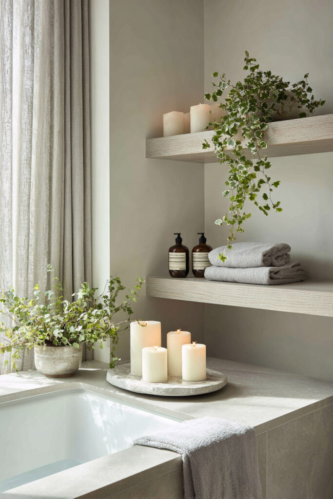 Serene bathroom corner with floating light wood shelves, trailing ivy, spa bottles, rolled gray towels, and a stone tray of lit candles beside a soaking tub.