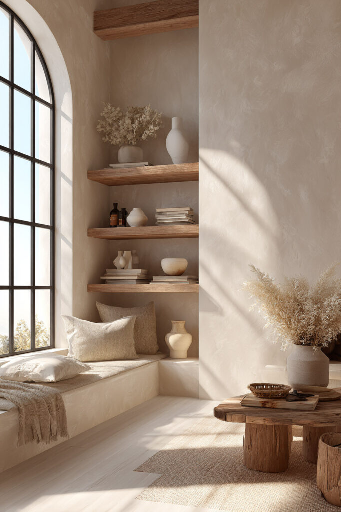 Wooden shelves styled with neutral vases, books, and ceramics in a sunlit nook with soft textures and natural finishes.