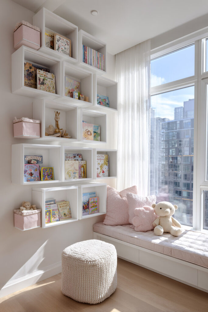 White box shelves in a bright kids’ room styled with colorful books, pink fabric bins, and soft plush toys, with a cozy window seat and natural light.