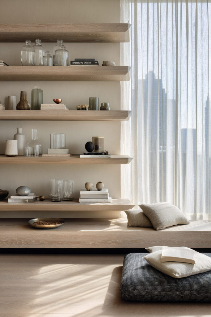 Wall-mounted wooden shelves styled with glass vessels, ceramics, neutral-toned books, and earthy objects in a soft-lit minimalist room with floor cushions.