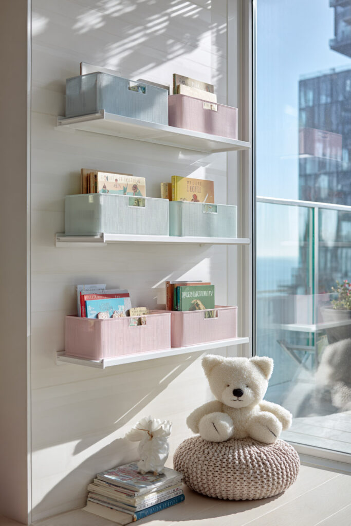 Wall-mounted kids’ room shelves with pastel pink and blue book bins, children’s books, and a plush teddy bear on a knit pouf near a window.