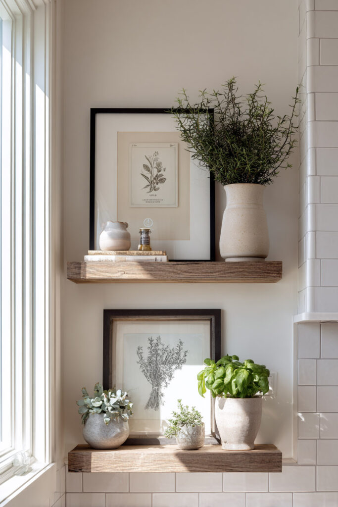 Kitchen shelves styled with framed botanical herb prints, small potted plants, vintage books, and neutral ceramics in a soft natural light.