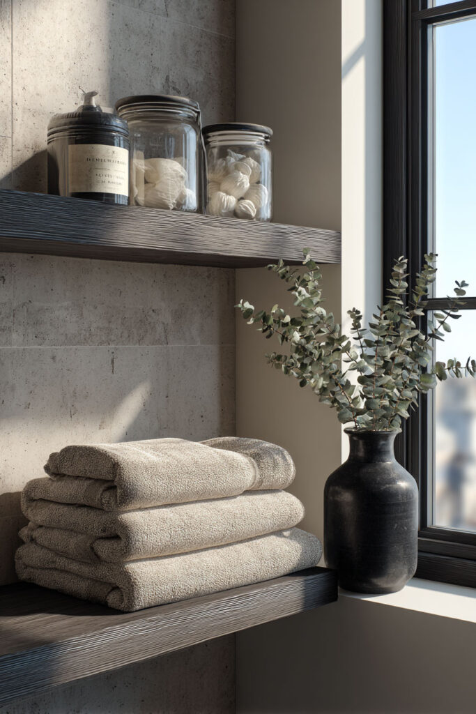 Modern bathroom shelves with dark wood tones featuring stacked beige towels, apothecary jars, and a black vase with eucalyptus next to a window.