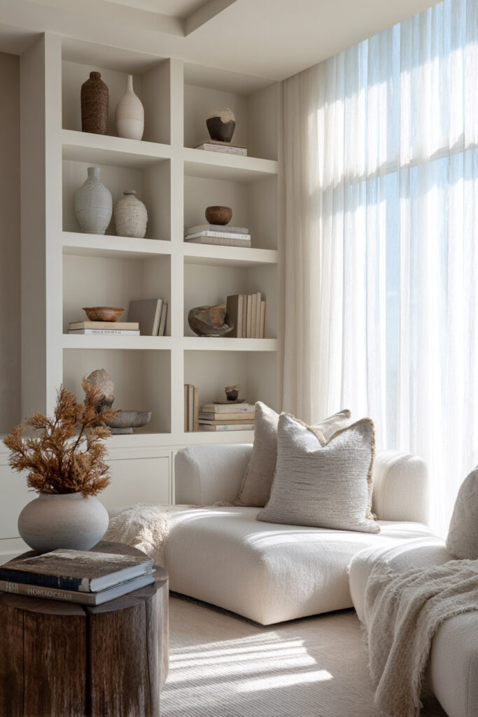 Built-in white shelves styled with neutral pottery, stacked books, and organic sculptural objects in a minimalist living room. Soft natural light filters through sheer curtains, highlighting the warm textures and clean, uncluttered shelf design.