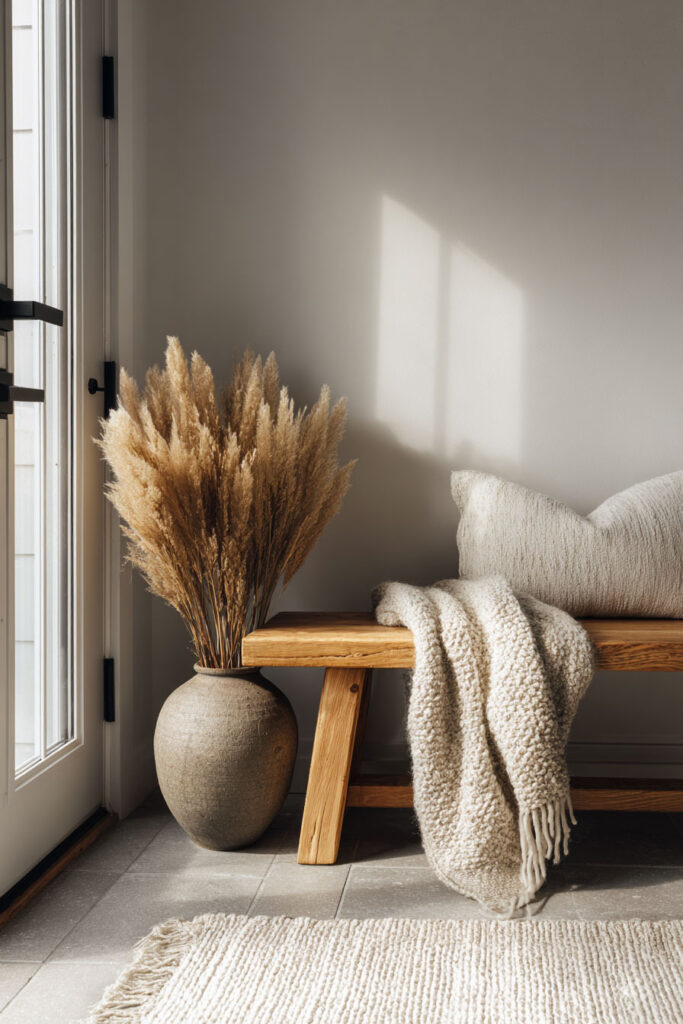 Neutral entryway with a wooden bench, textured ivory pillow, soft woven throw blanket, and a large vase filled with pampas grass, creating a calm and cozy atmosphere.