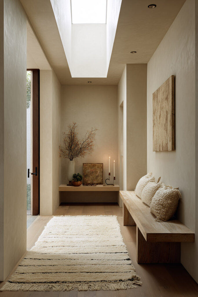 A serene neutral hallway with a wooden bench topped with textured pillows, a striped cream rug, and simple decor including candles and a ceramic vase with branches.
