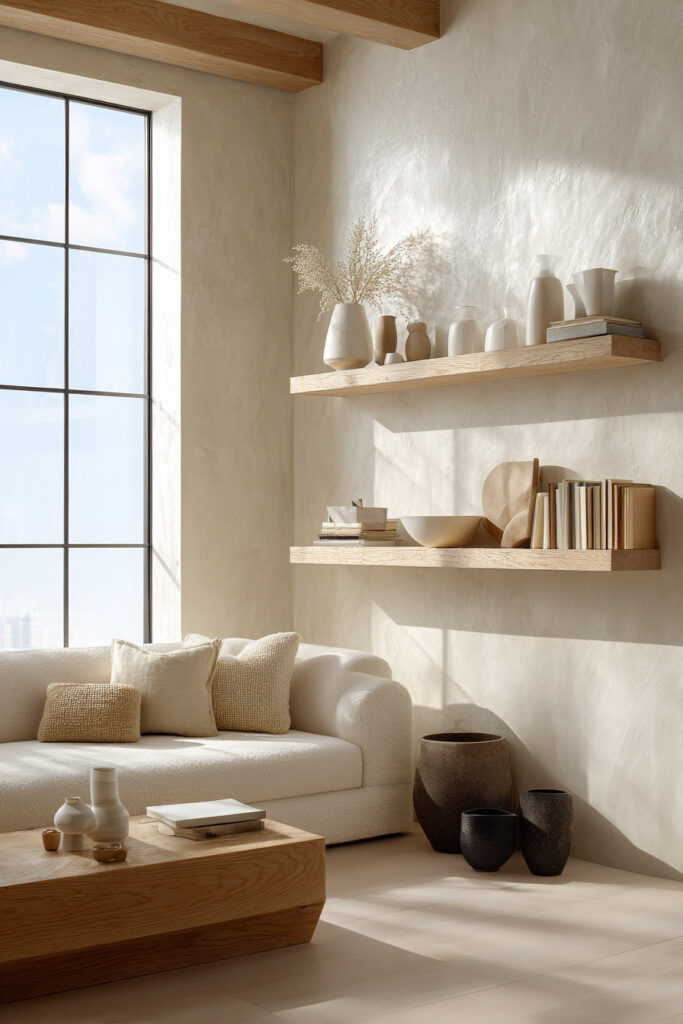 Floating wood shelves styled with neutral ceramics, stacked books, and sculptural decor in a softly lit, modern minimalist living room.
