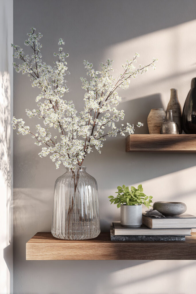 Wooden floating shelf styled with a ribbed glass vase filled with white flowering branches, a small potted plant, stacked neutral books, and modern ceramic accents.