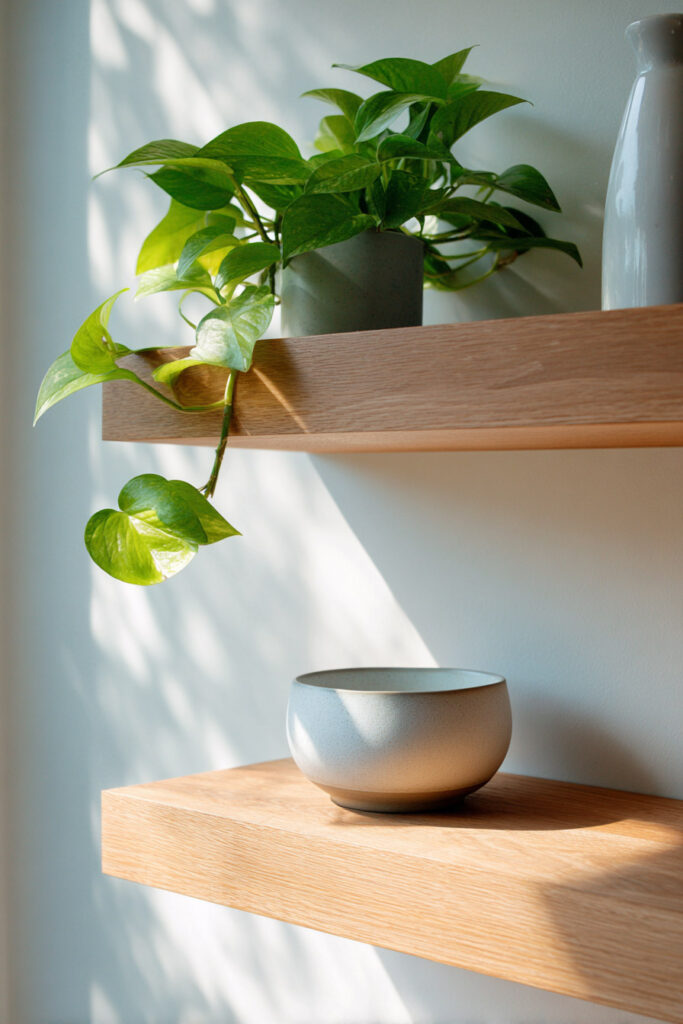 Close-up of minimalist wood floating shelves styled with a green pothos plant, a ceramic bowl, and soft filtered sunlight casting shadows on a white wall.