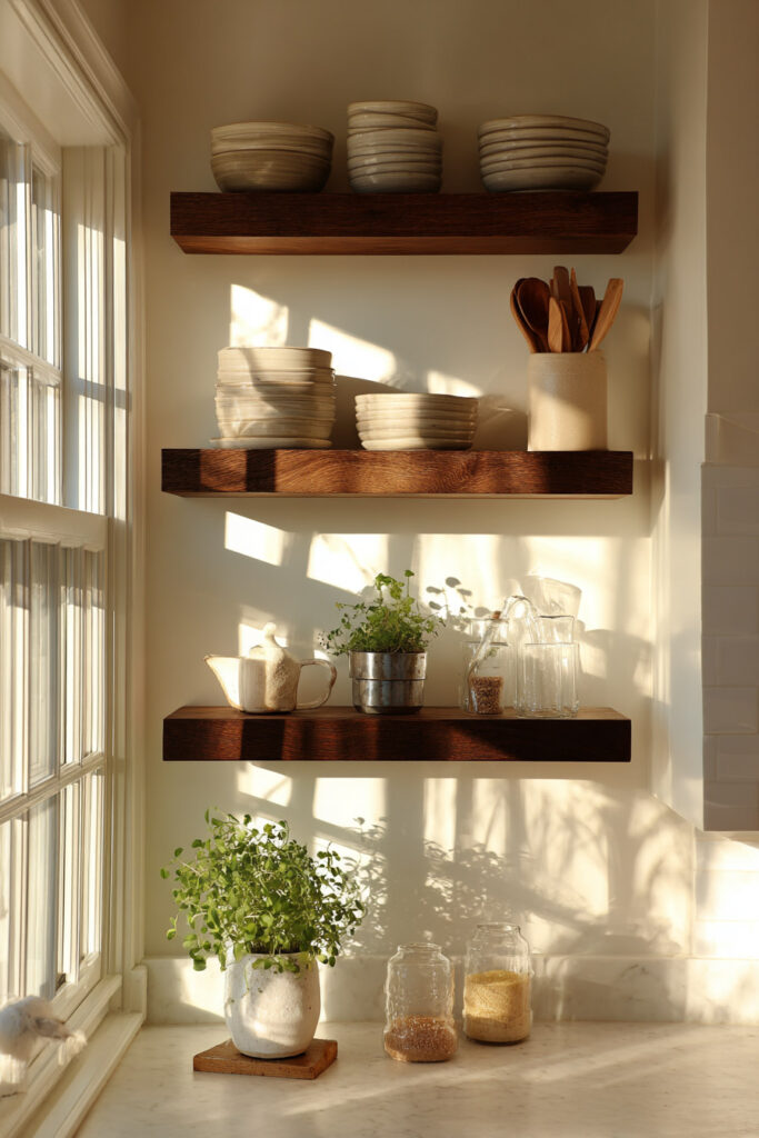 Cozy kitchen corner with dark wood floating shelves displaying stacked stoneware dishes, glassware, and fresh herbs, lit by golden natural sunlight through a window.