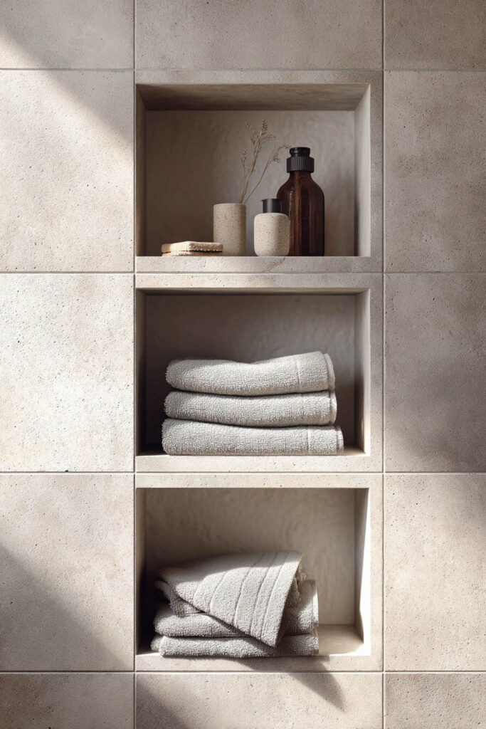 Built-in bathroom shelves styled with neatly folded neutral towels and minimalist ceramic containers against beige stone tiles and soft natural light.