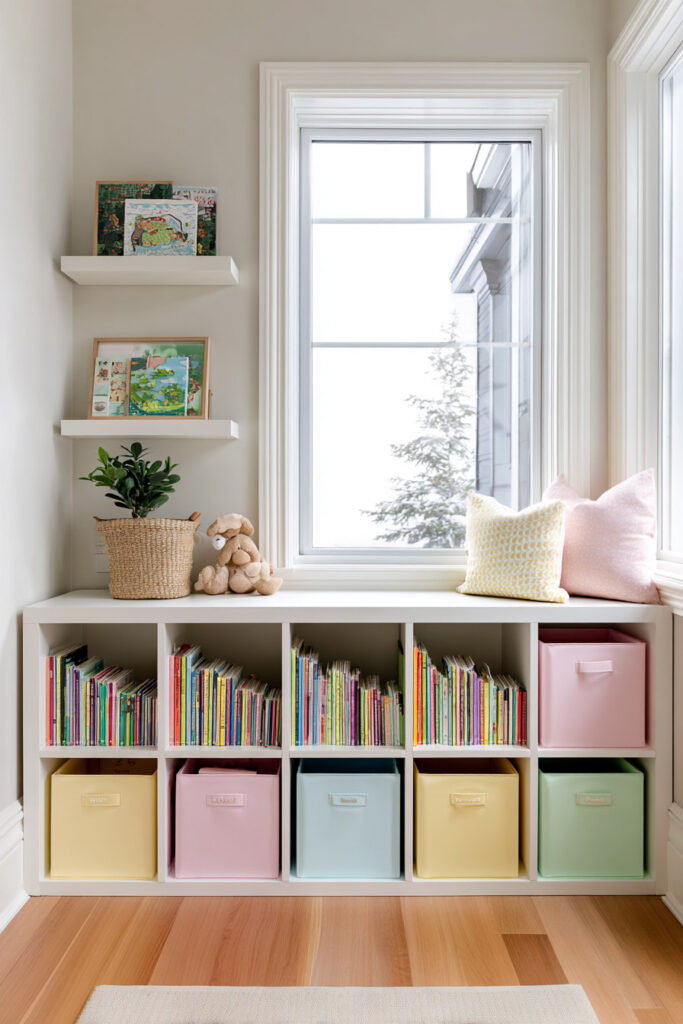 Built-in kids’ bookshelf with colorful storage bins and books, topped with a plush bunny, houseplant, and framed art in a sunny corner nook.