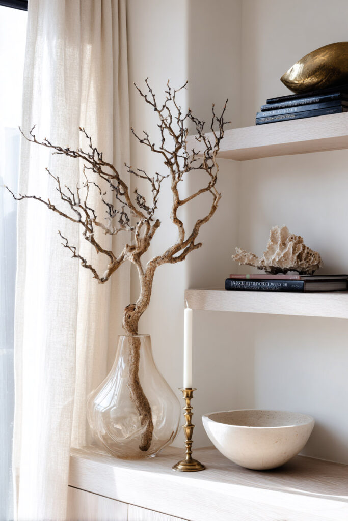 Minimalist shelf decorated with a sculptural driftwood branch in a glass vase, a brass candlestick, a textured ceramic bowl, and stacked books with coral, styled in warm natural light.