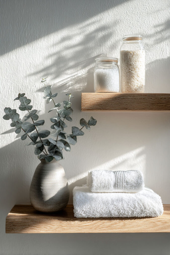 Minimalist bathroom shelves featuring soft white towels, a ceramic vase with eucalyptus, and glass jars filled with bath salts on a white textured wall.