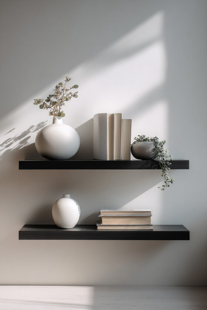 Black floating shelves styled with neutral-toned books, matte ceramic vases, and a trailing plant against a sunlit white wall, creating a minimalist modern look.