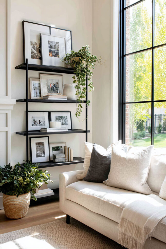 Black-framed open shelf styled with framed family photos, books, a trailing ivy plant, neutral ceramics, and soft natural light by a window.