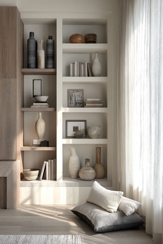 Built-in shelves styled with stacked books, neutral ceramic vases, sculptural decor, and framed minimalist artwork. Natural light from sheer curtains enhances the textures and soft color palette, creating a calm and curated modern look.
