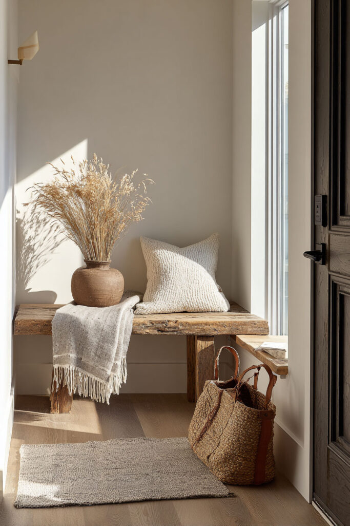 Neutral entryway styled with a rustic wooden bench, textured pillow, fringed throw blanket, large vase of dried grass, woven tote bag, and soft neutral rug.