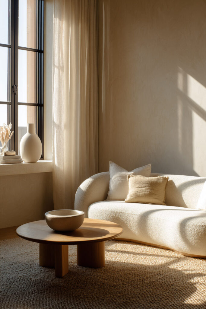 A serene neutral living room featuring a curved ivory sofa, a low wood coffee table with a ceramic bowl, and soft natural light streaming through sheer curtains.