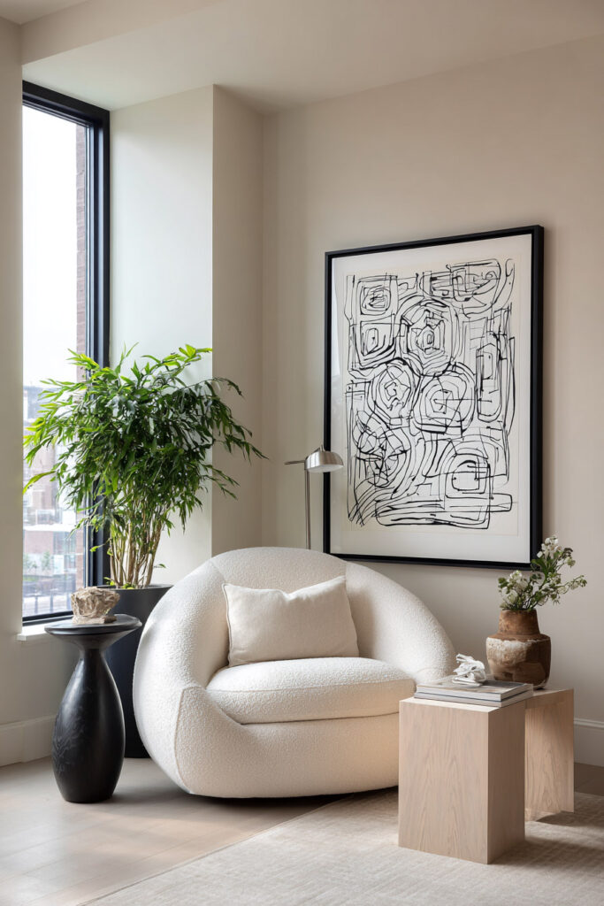 Neutral reading corner featuring a white bouclé armchair, minimalist black and white abstract wall art, pale wood accent tables, and a potted plant by the window.