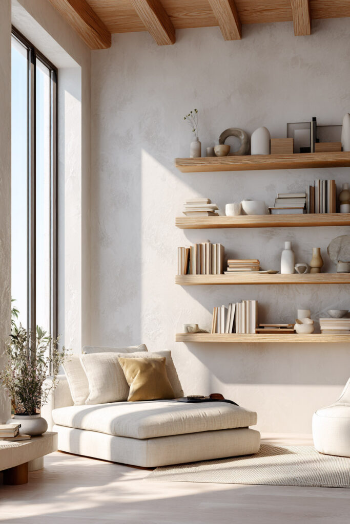 Neutral-toned shelf styling featuring stacked books, sculptural ceramics, and minimal decor on floating wood shelves in a cozy sunlit corner with a modern lounge chair.