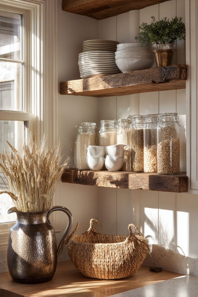 Rustic wood kitchen shelves with stacked plates, white bowls, glass jars of grains, and natural accents like dried wheat and a woven basket.