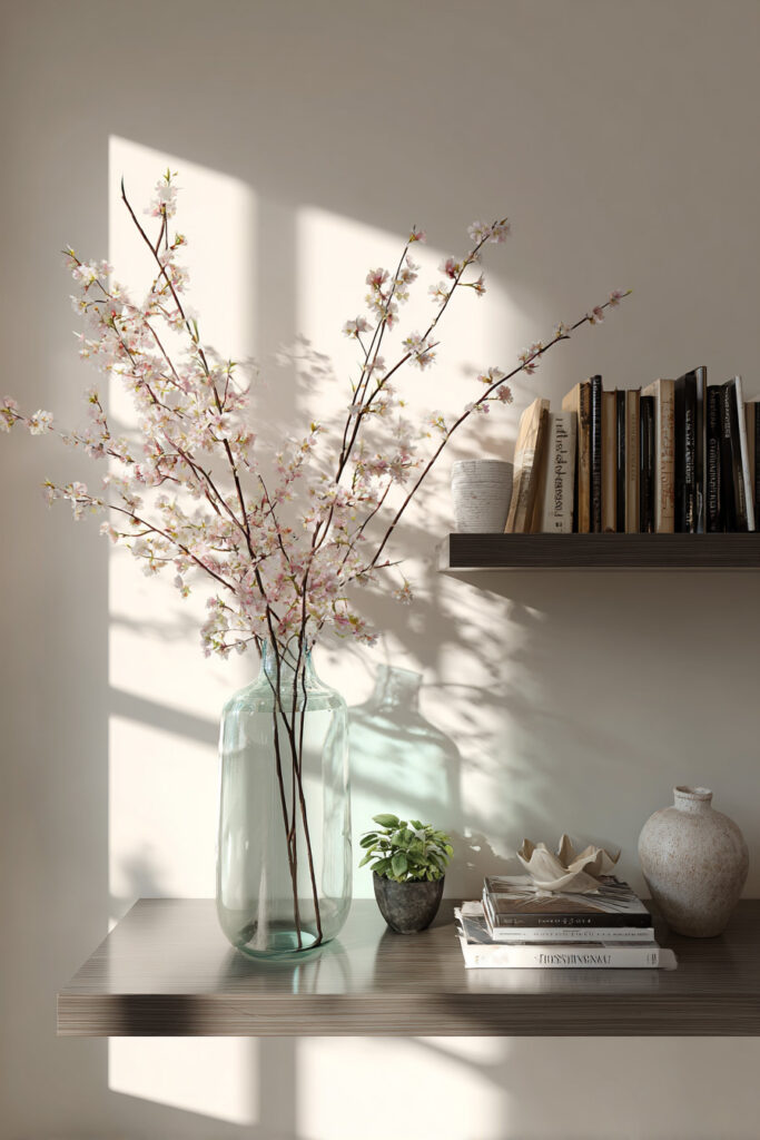 Shelf styled with tall cherry blossom branches in a clear glass vase, a small leafy plant, stacked neutral books, and ceramic accessories in soft morning light.