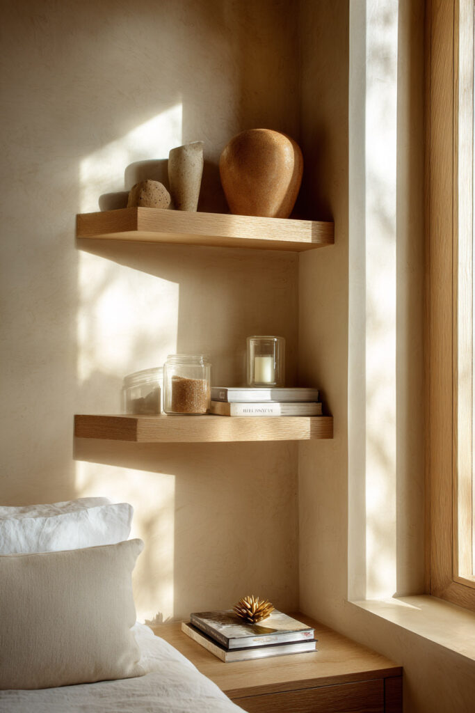 Minimalist bedroom corner with floating wood shelves styled with earthy ceramics, a candle, books, and a soft linen bed nearby.