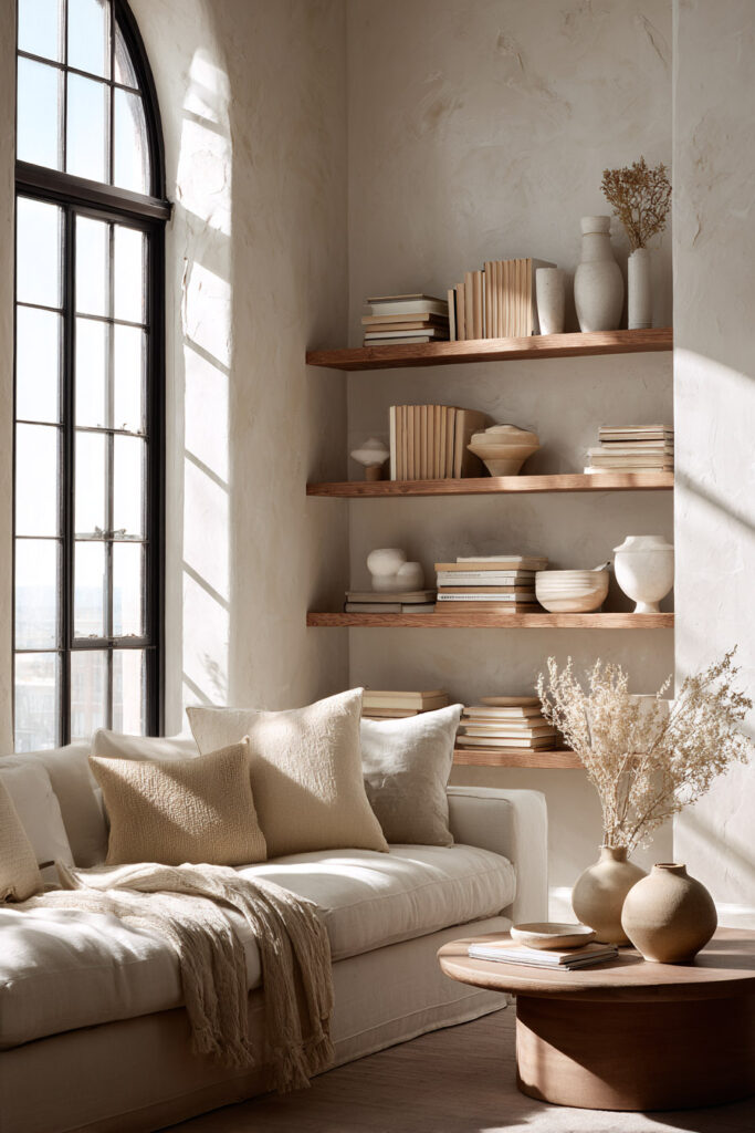 Floating wood shelves styled with stacked books and earthy ceramic vases in a neutral living room corner, paired with a cream sofa and soft throw pillows.