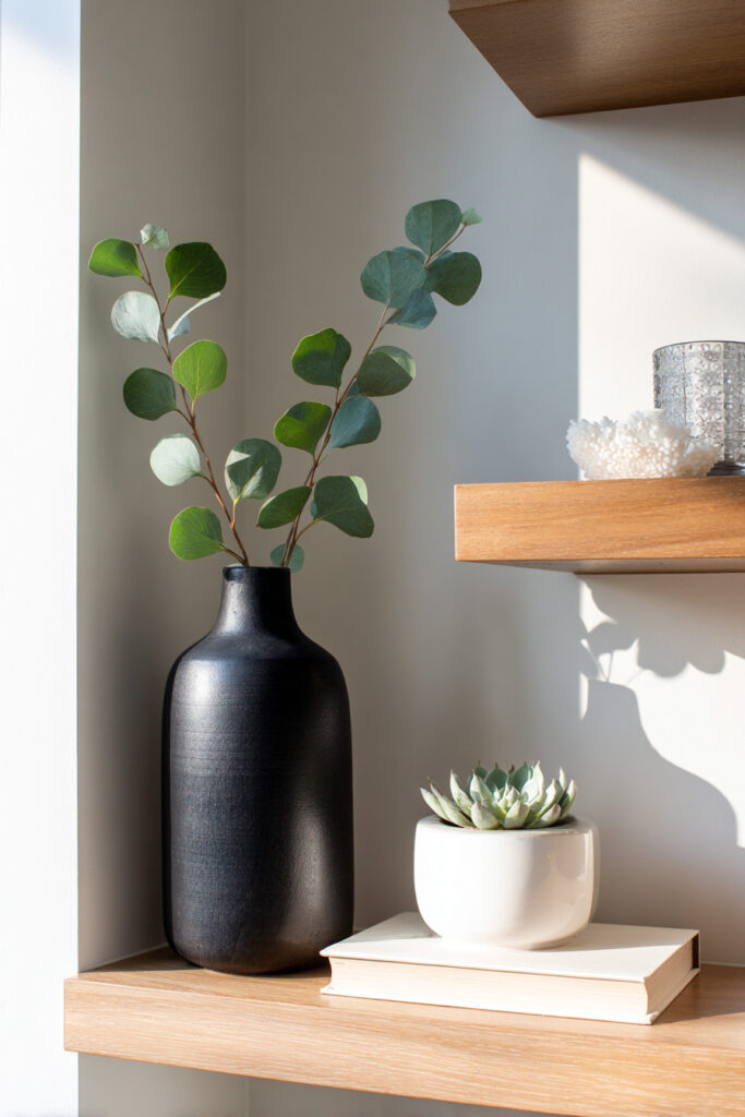 Scandinavian-style shelf decor with a matte black vase holding eucalyptus stems, a white succulent planter on stacked books, and soft natural window light.