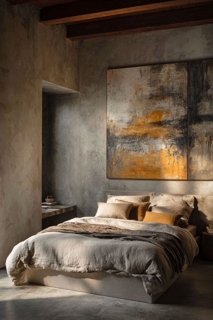 Neutral bedroom with textured taupe plaster walls, soft linen bedding in warm earthy tones, and a large abstract painting with black and ochre accents above the bed.